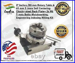 3 /80 mm Rotary Table & 65 mm 3 Jaw Self Centering Chuck+ Back Plate USA Stock