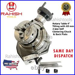 4'' Tilting Rotary Table with 65mm 3 jaw Self Centering Chuck & Back Plate USA